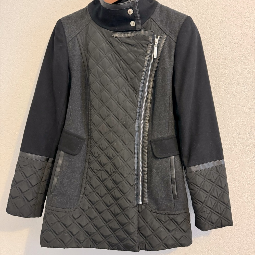 Kensie Women's Wool Blend Full Zip Overcoat Black Faux Leather Accent. S… - Picture 1 of 15